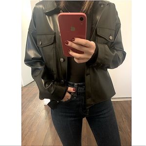 Faux leather shirt jacket